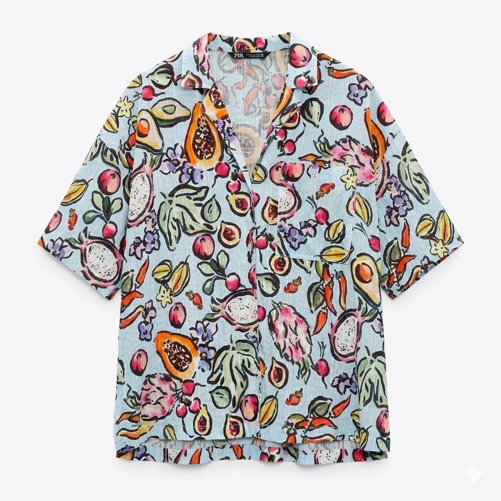 Zara Tropical Fruit Print Blouse S Oversized Boho Summer Button Up Avocado Print